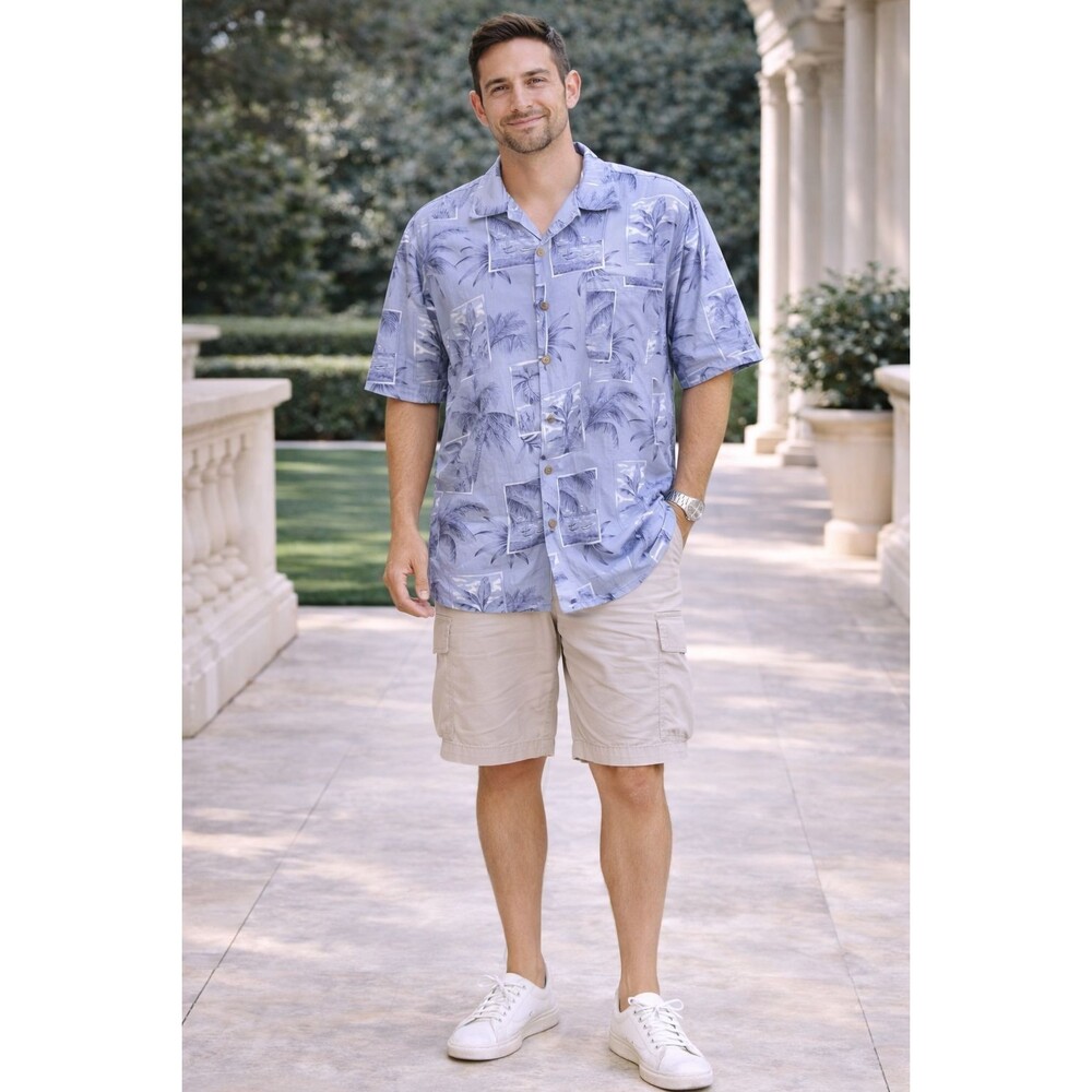 TOMMY BAHAMA Hawaiian 100% Silk Shirt Blue Palm Print Camp L Men's